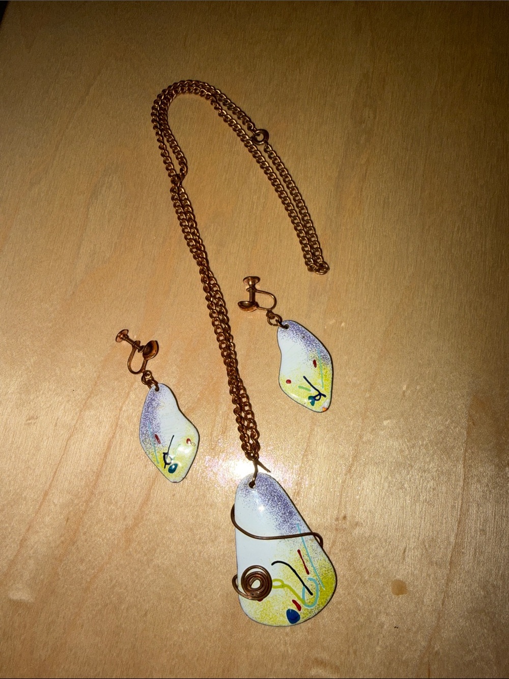 Mid century copper and enameled earring and necklace.